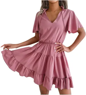 Summer Short Sleeve Dress Women Split V Neck Ruffle Chiffon Tiered Dress Elegant Mini Short Skirt Dresses