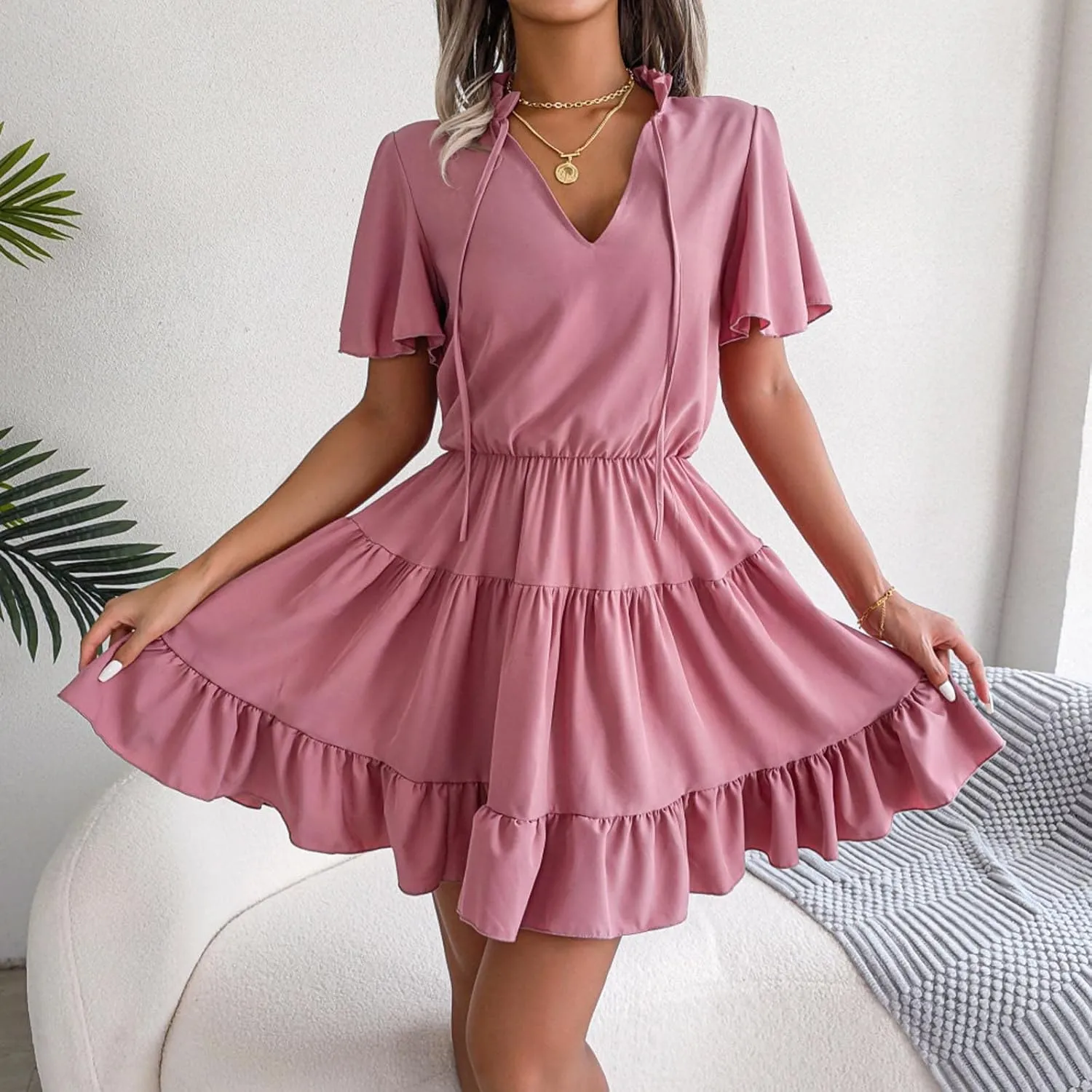 Summer Short Sleeve Dress Women Split V Neck Ruffle Chiffon Tiered Dress Elegant Mini Short Skirt Dresses