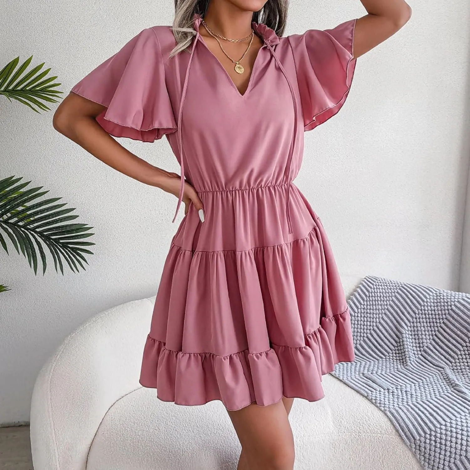Summer Short Sleeve Dress Women Split V Neck Ruffle Chiffon Tiered Dress Elegant Mini Short Skirt Dresses