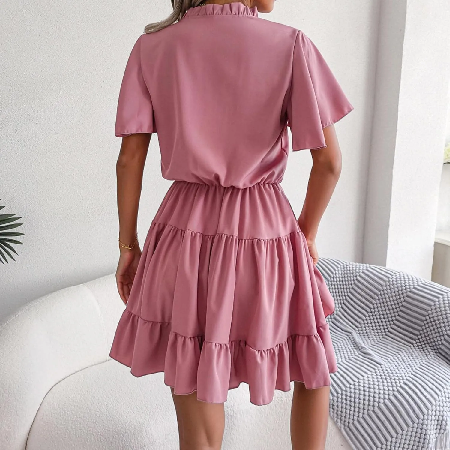 Summer Short Sleeve Dress Women Split V Neck Ruffle Chiffon Tiered Dress Elegant Mini Short Skirt Dresses