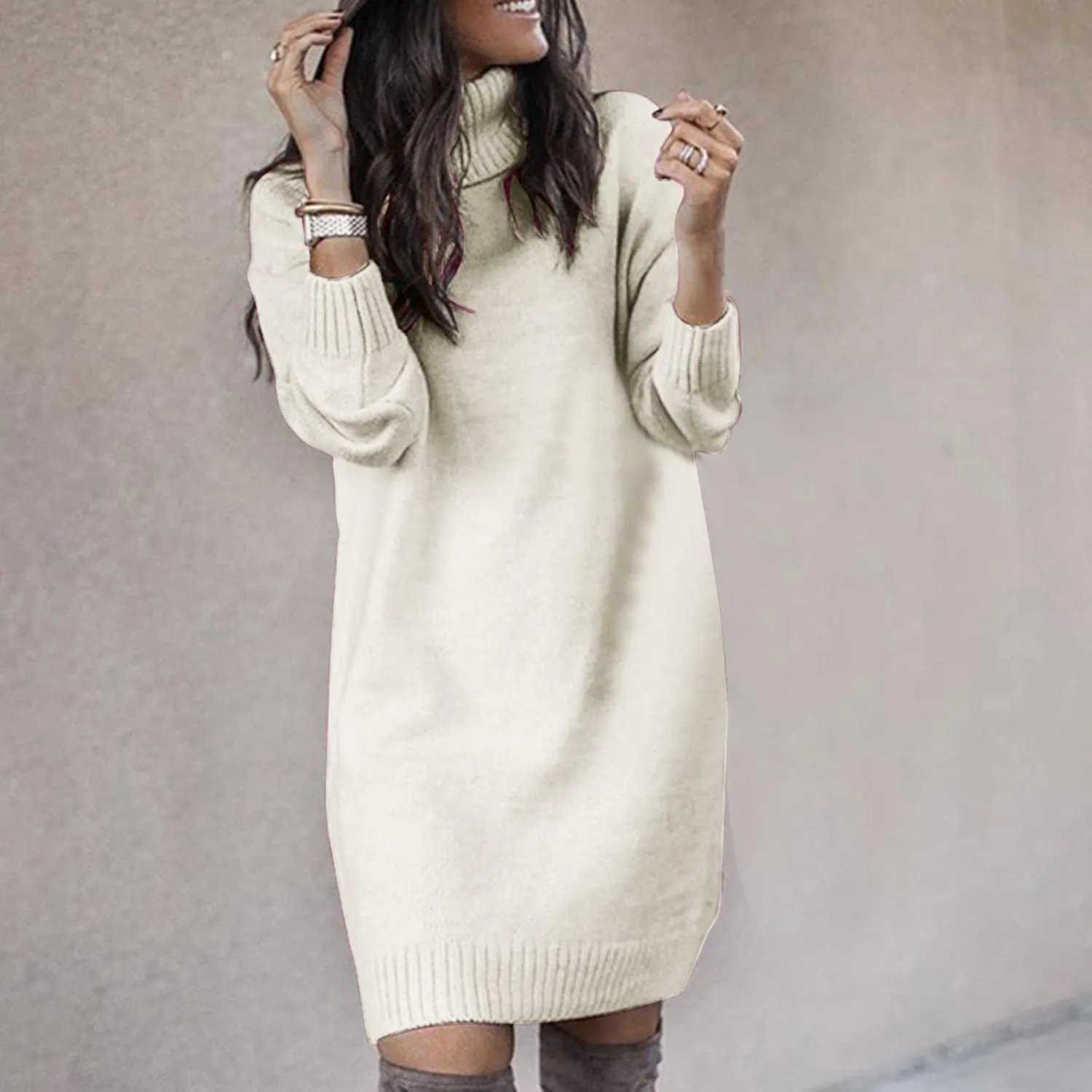 Sweater Dresses for Women Long Sleeve Turtleneck Mini Dress Fall Winter Knitted Dress Chunky Pullover Sweaters
