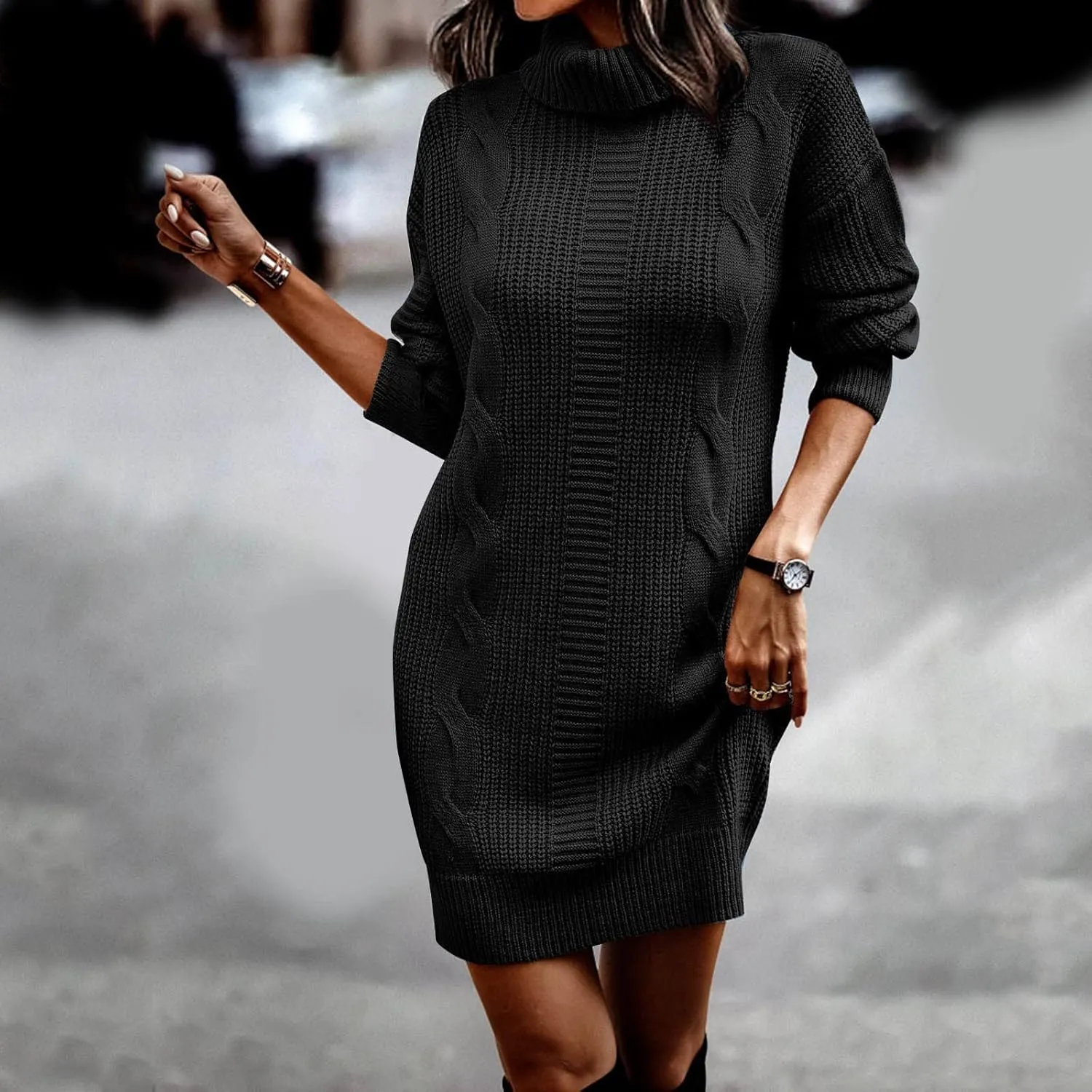 Sweater Dresses for Women Long Sleeve Turtleneck Mini Dress Fall Winter Knitted Dress Chunky Pullover Sweaters