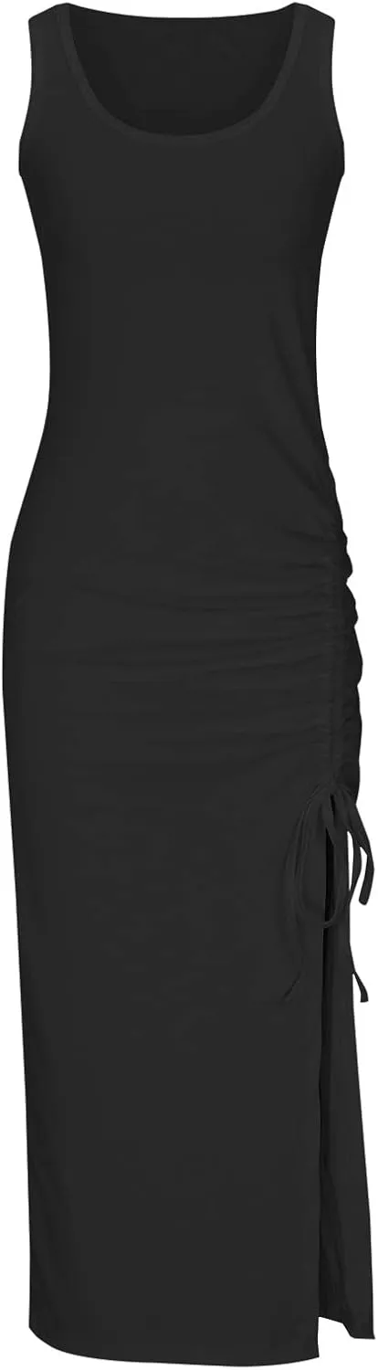 TANGNADE Women Bodycon Maxi Dress Sleeveless Drawstring Ruched Basic Party Club Slim Fit Trendy Casual Tank Dress