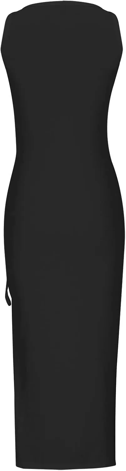 TANGNADE Women Bodycon Maxi Dress Sleeveless Drawstring Ruched Basic Party Club Slim Fit Trendy Casual Tank Dress