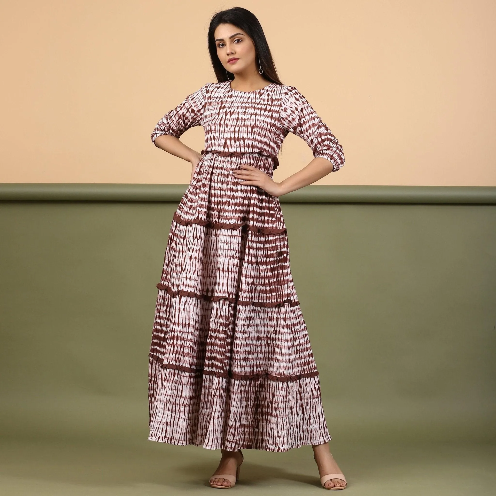 Taupe Shibori Tie-Dye Cotton Ankle Length Tier Bohemian Dress
