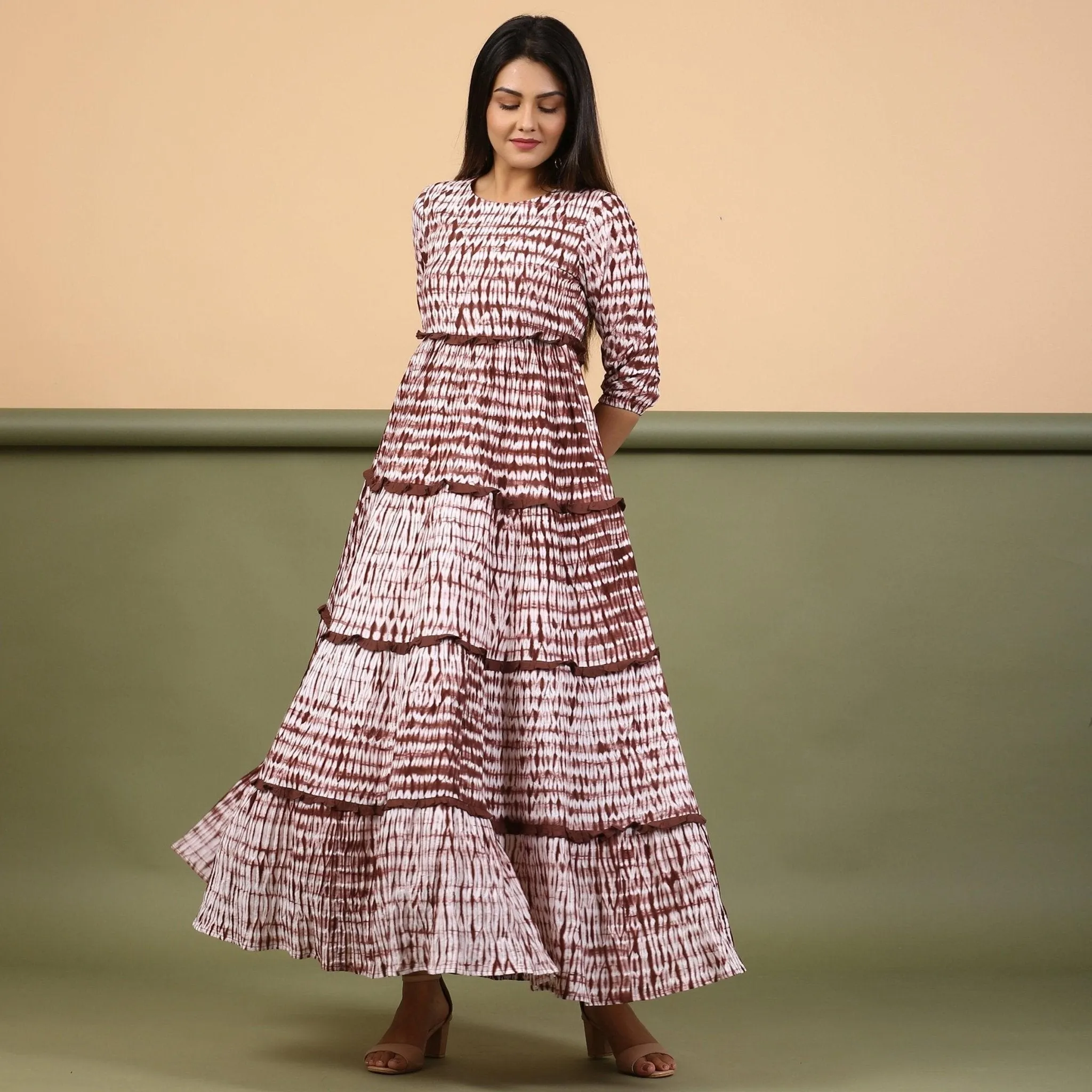 Taupe Shibori Tie-Dye Cotton Ankle Length Tier Bohemian Dress