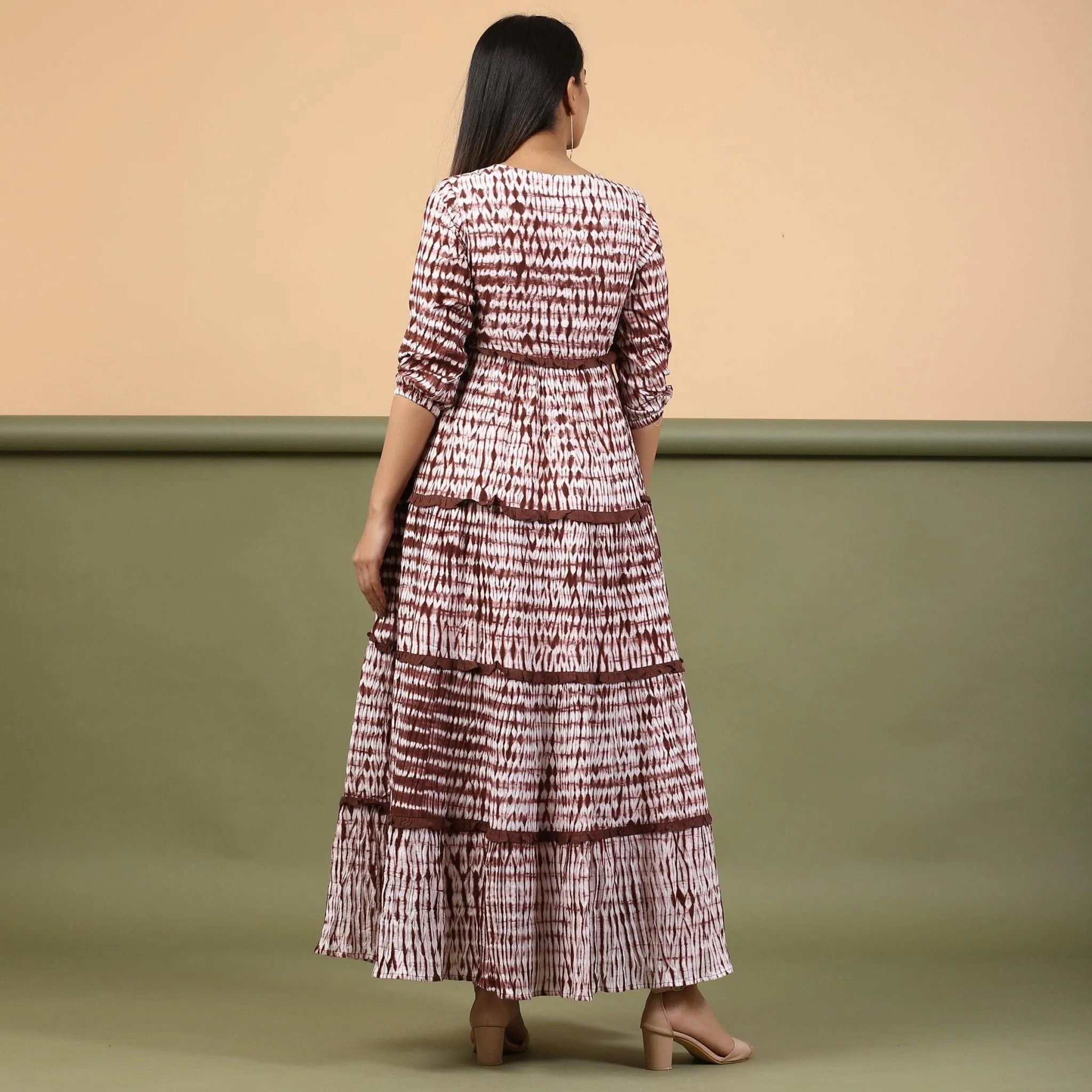 Taupe Shibori Tie-Dye Cotton Ankle Length Tier Bohemian Dress