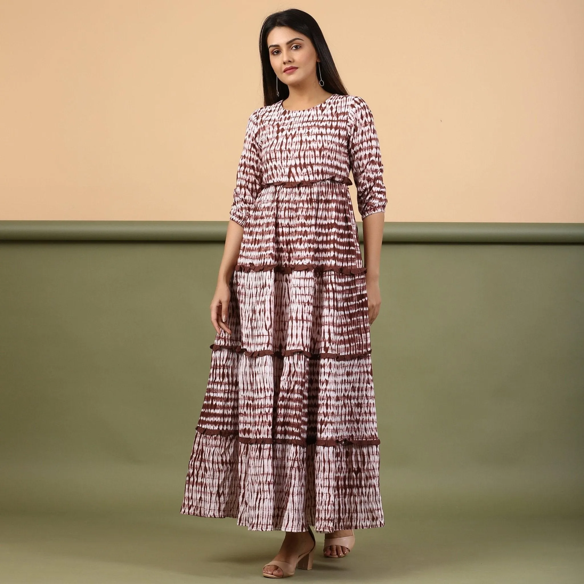 Taupe Shibori Tie-Dye Cotton Ankle Length Tier Bohemian Dress