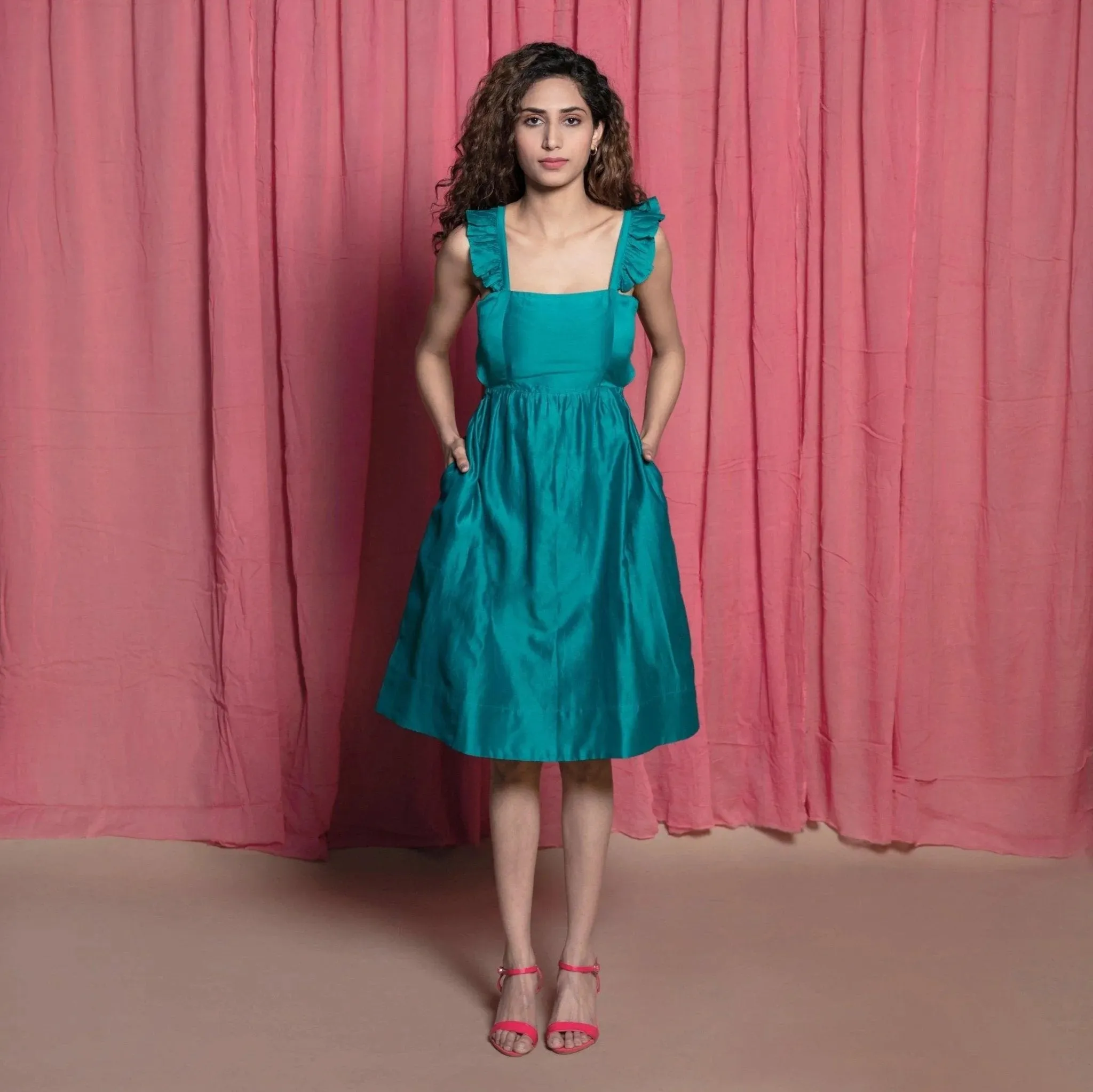 Teal Cotton Chanderi Knee Length Fit and Flare Dress