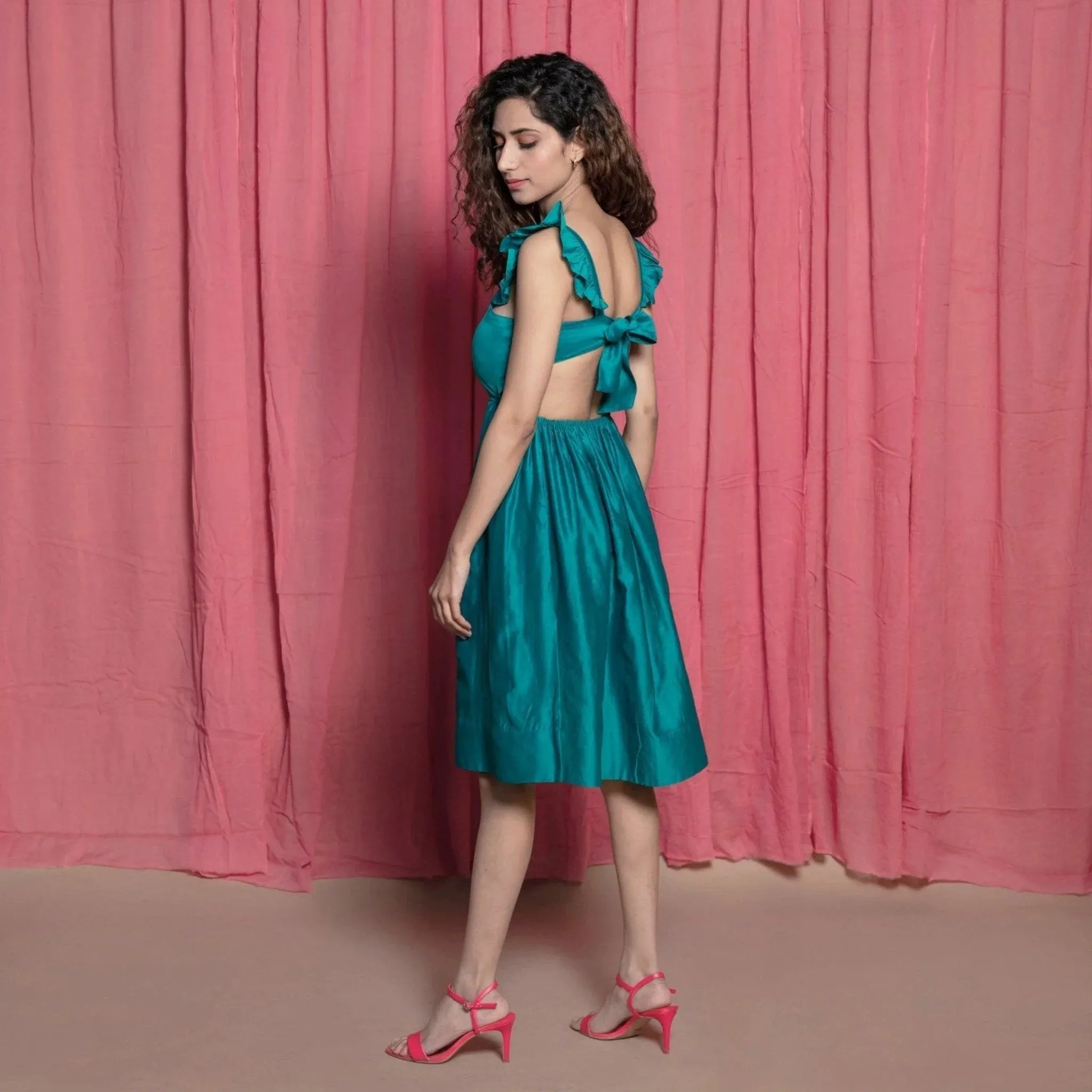 Teal Cotton Chanderi Knee Length Fit and Flare Dress