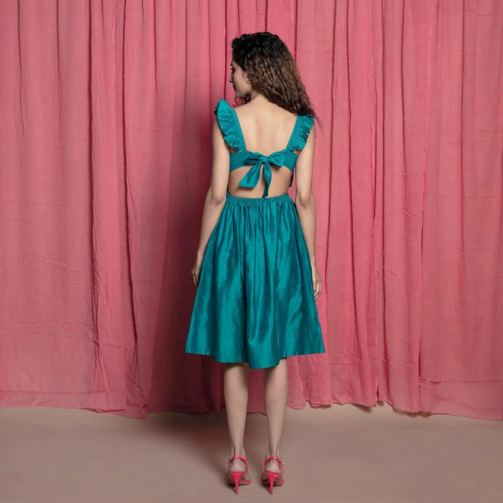 Teal Cotton Chanderi Knee Length Fit and Flare Dress