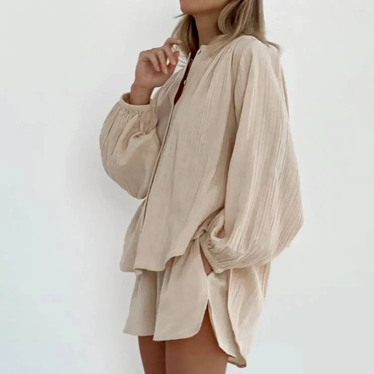 Textured Long Sleeve Blouse Two Piece Shorts Set