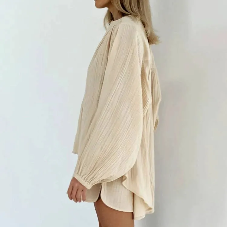 Textured Long Sleeve Blouse Two Piece Shorts Set