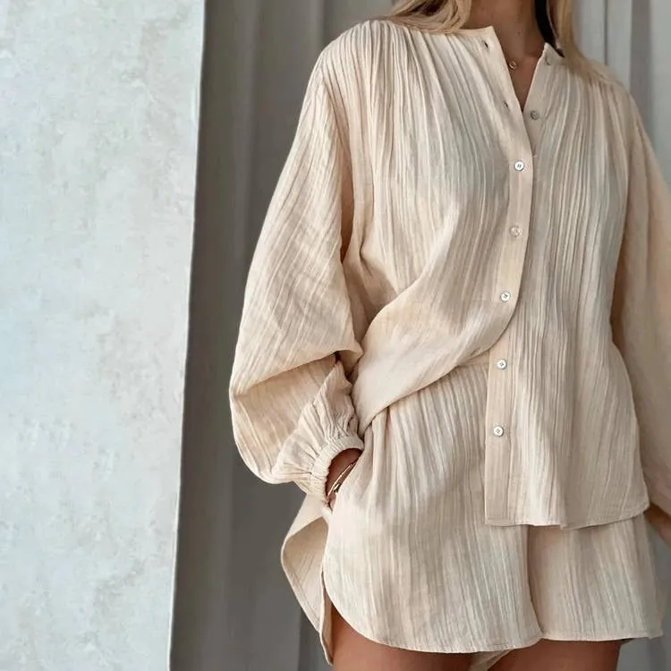 Textured Long Sleeve Blouse Two Piece Shorts Set