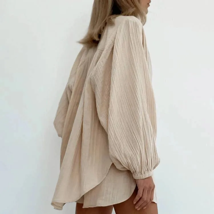 Textured Long Sleeve Blouse Two Piece Shorts Set