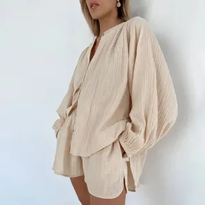 Textured Long Sleeve Blouse Two Piece Shorts Set