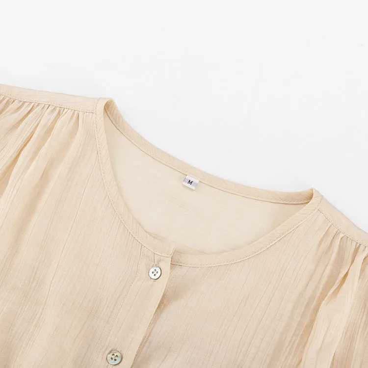 Textured Long Sleeve Blouse Two Piece Shorts Set