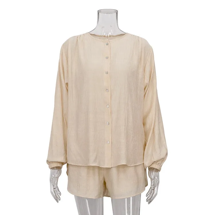 Textured Long Sleeve Blouse Two Piece Shorts Set
