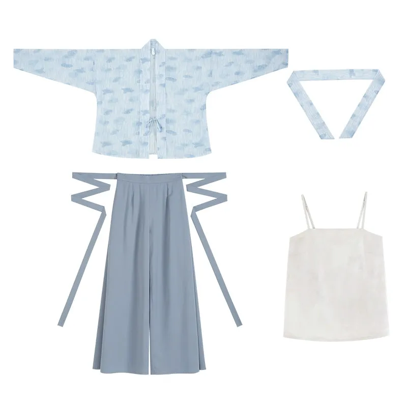 Three color Song style Modern Hanfu Short Shirt and Song Pants Hanfu Women's Summer