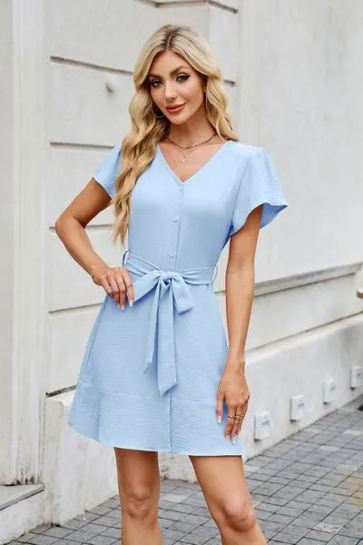 Tied Button Up Short Sleeve Mini Shirt Dress