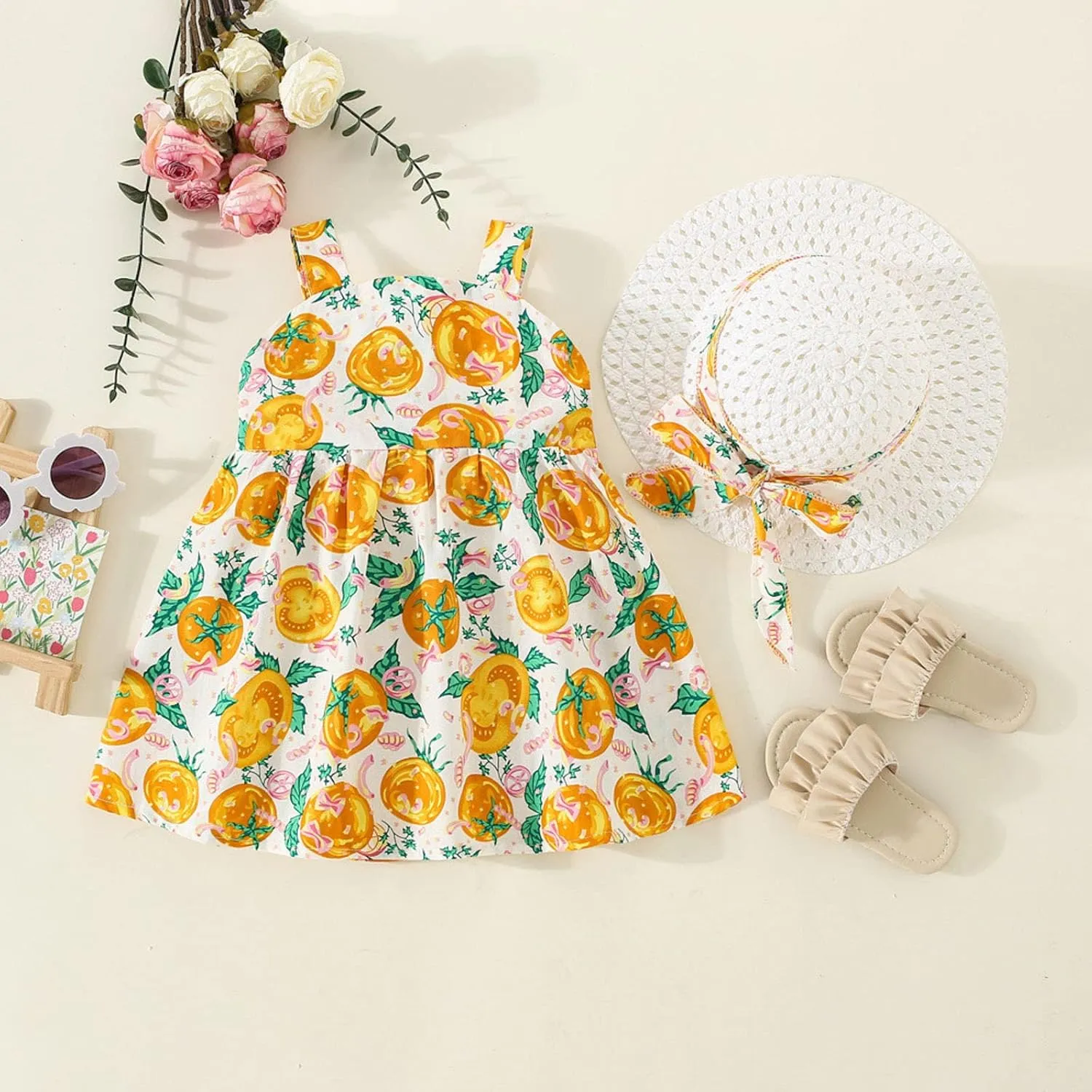 Toddler Kids Infant Baby Girls Sleeveless Backless Bow Dress with Straw Hat Outfits Summer Sundress 2pcs Set