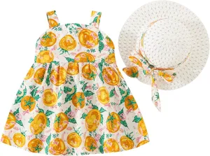 Toddler Kids Infant Baby Girls Sleeveless Backless Bow Dress with Straw Hat Outfits Summer Sundress 2pcs Set