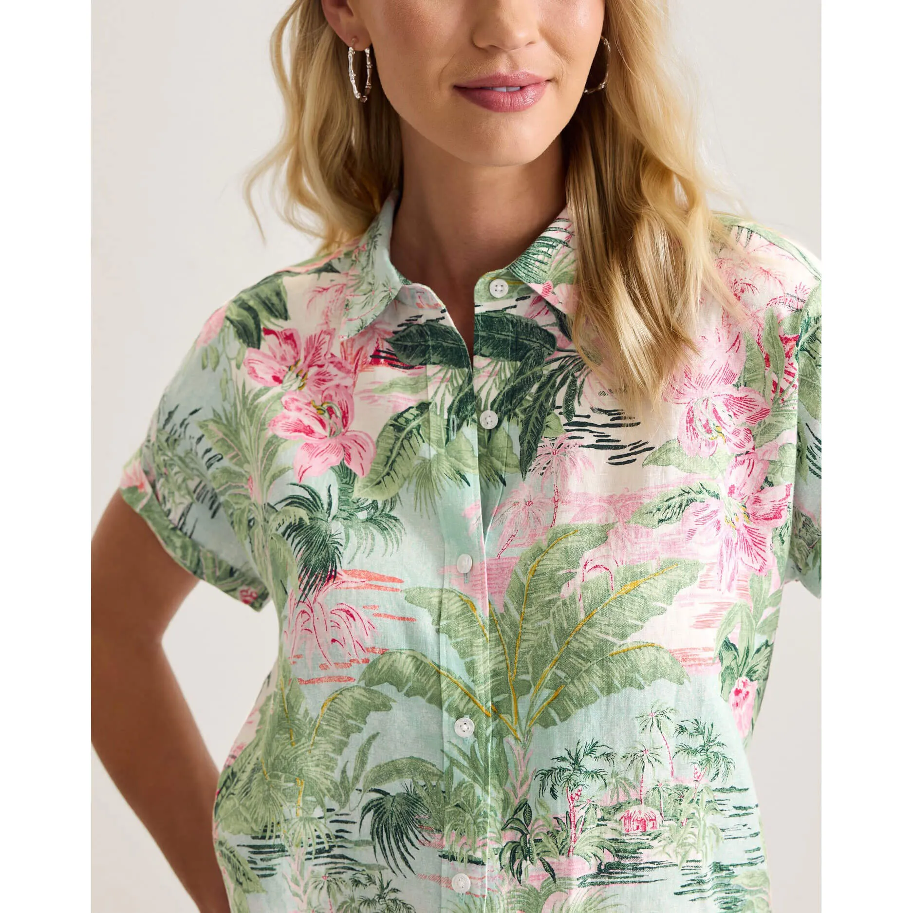 Tommy Bahama Women's Garden Villa Short Sleeve Linen Shirt - Canal Blue