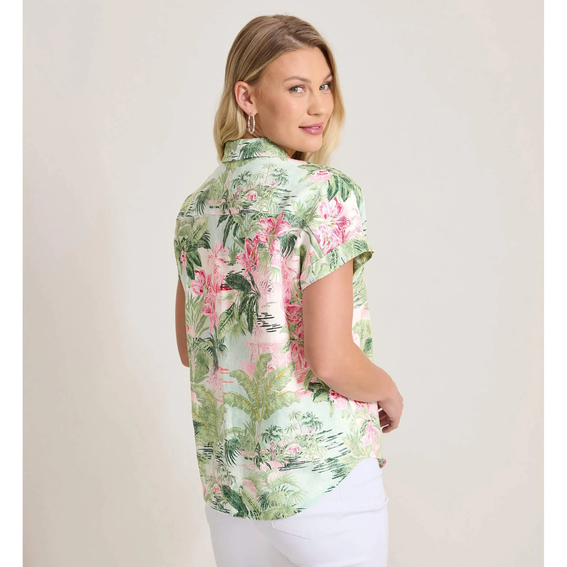 Tommy Bahama Women's Garden Villa Short Sleeve Linen Shirt - Canal Blue