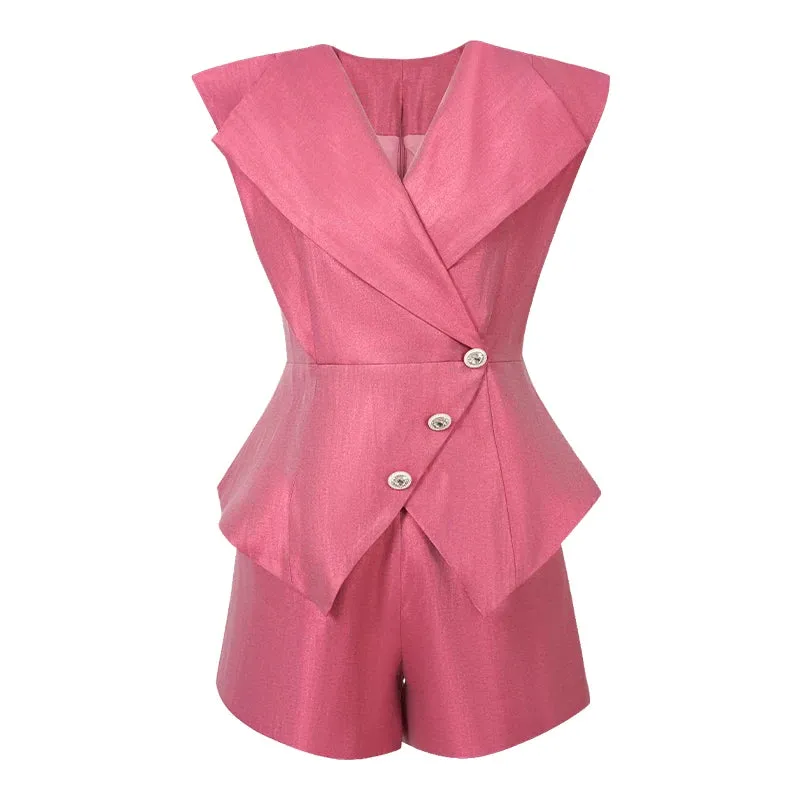 Trend4us Women's Chic Asymmetric Button Peplum Shorts Set