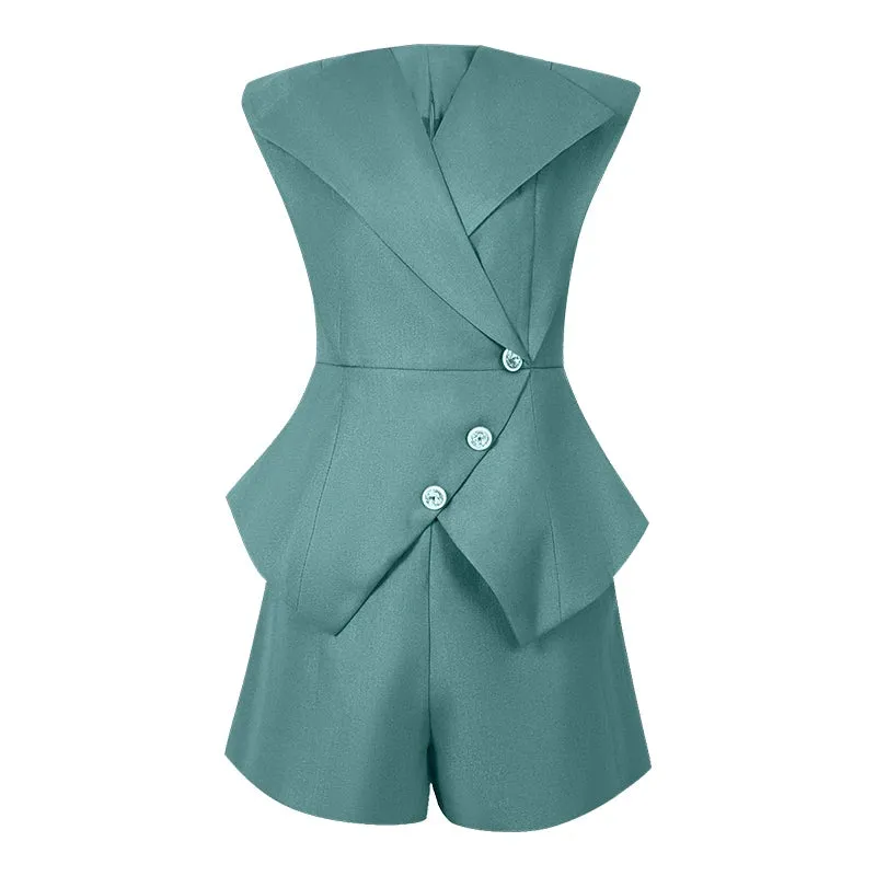 Trend4us Women's Chic Asymmetric Button Peplum Shorts Set
