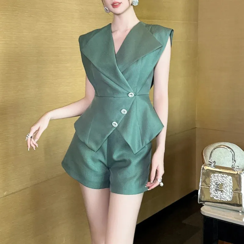 Trend4us Women's Chic Asymmetric Button Peplum Shorts Set