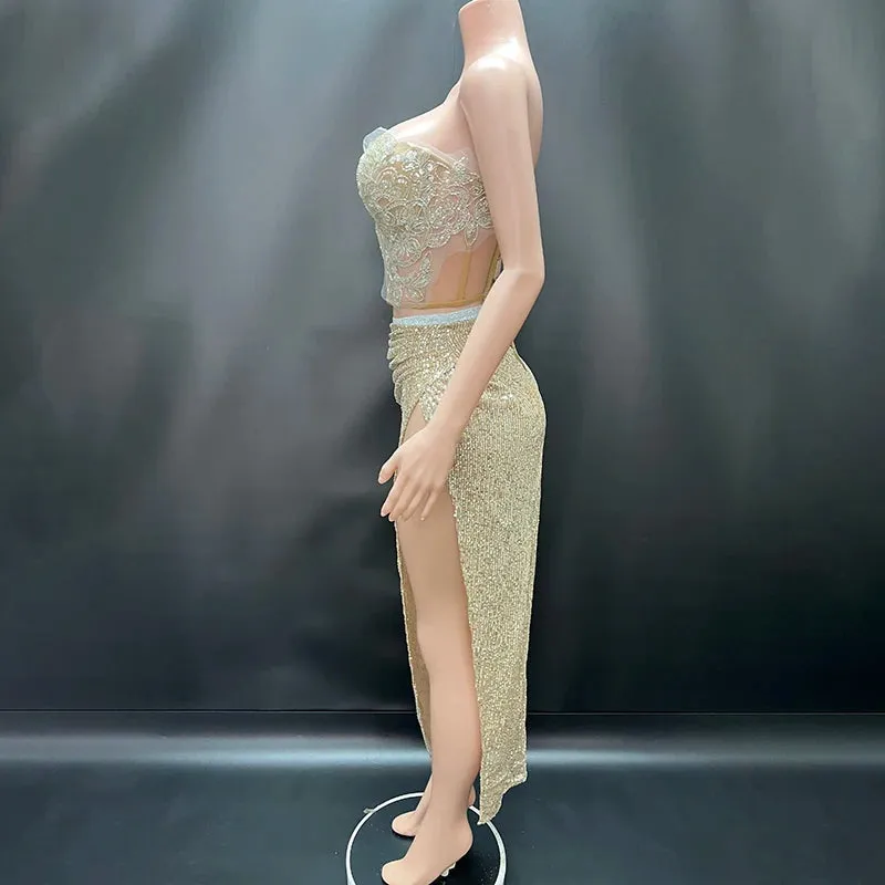 Trend4us Women's Sequin Lace Bustier and High-Slit Skirt Set