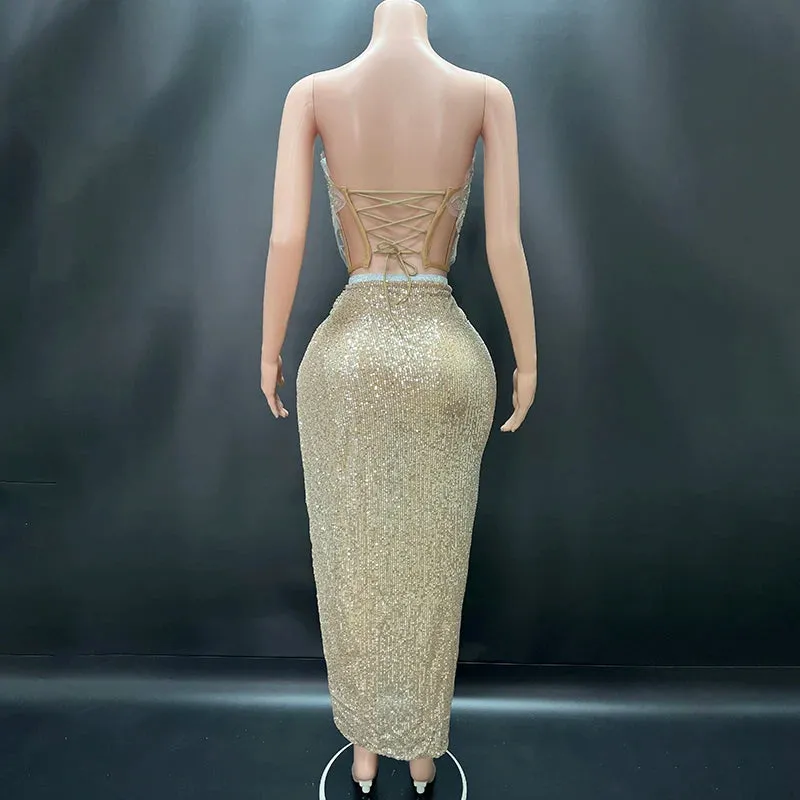 Trend4us Women's Sequin Lace Bustier and High-Slit Skirt Set