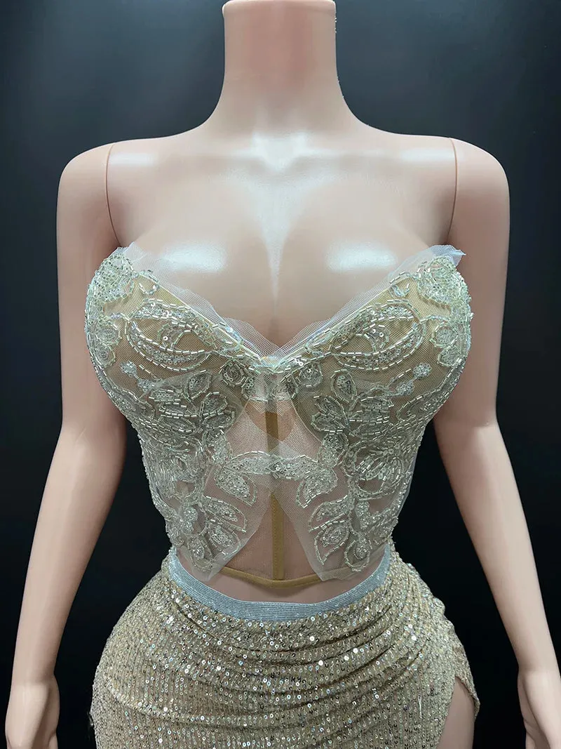Trend4us Women's Sequin Lace Bustier and High-Slit Skirt Set