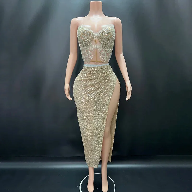 Trend4us Women's Sequin Lace Bustier and High-Slit Skirt Set