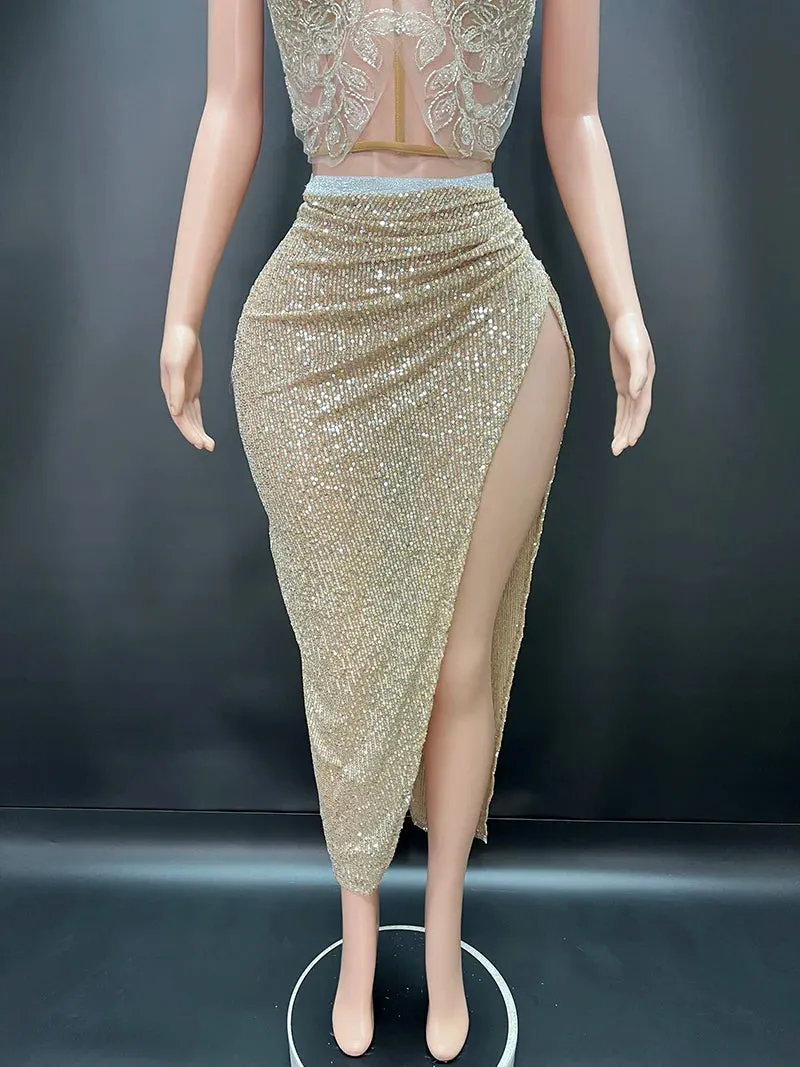 Trend4us Women's Sequin Lace Bustier and High-Slit Skirt Set