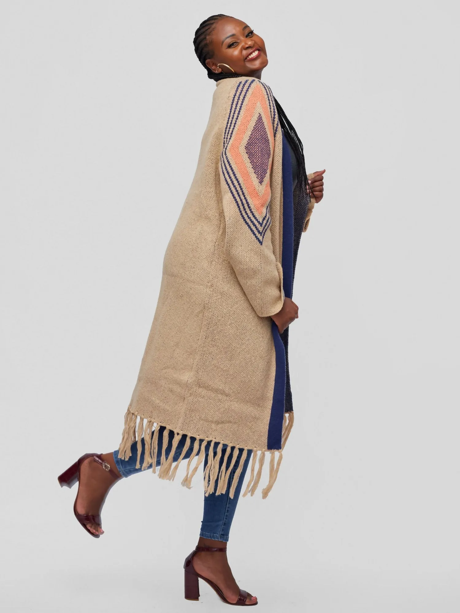 Tuli Nova Tassel Cardigan Poncho - Khaki