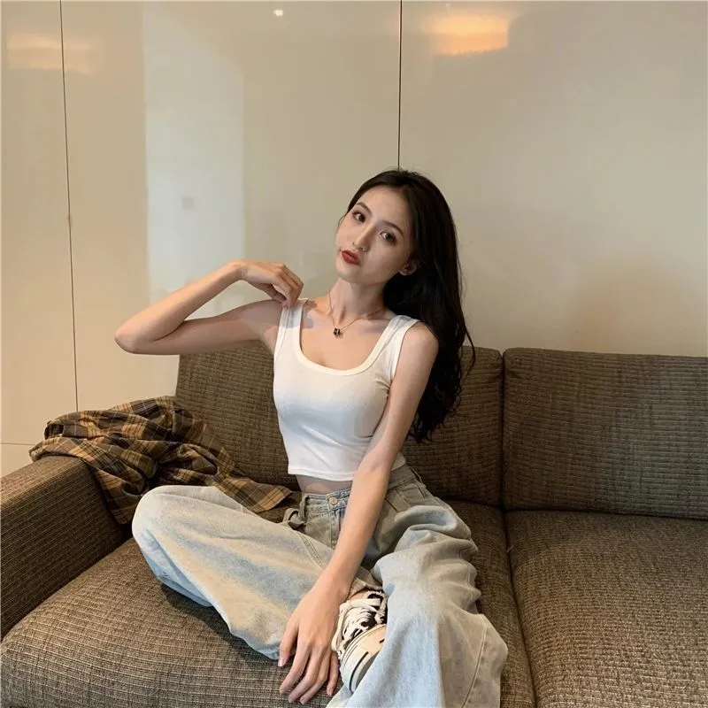 U-Neck Sporty Short Matching Sleeveless Strap Tops Women Summer Black Outdoor Fitting Bare Belly Tank Top Activewear