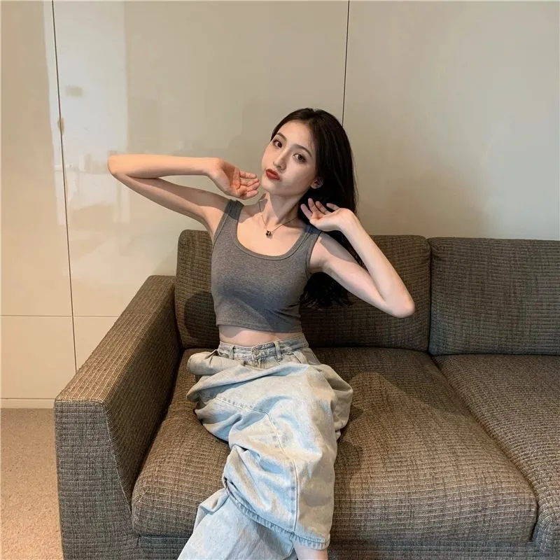 U-Neck Sporty Short Matching Sleeveless Strap Tops Women Summer Black Outdoor Fitting Bare Belly Tank Top Activewear