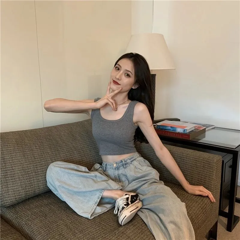 U-Neck Sporty Short Matching Sleeveless Strap Tops Women Summer Black Outdoor Fitting Bare Belly Tank Top Activewear