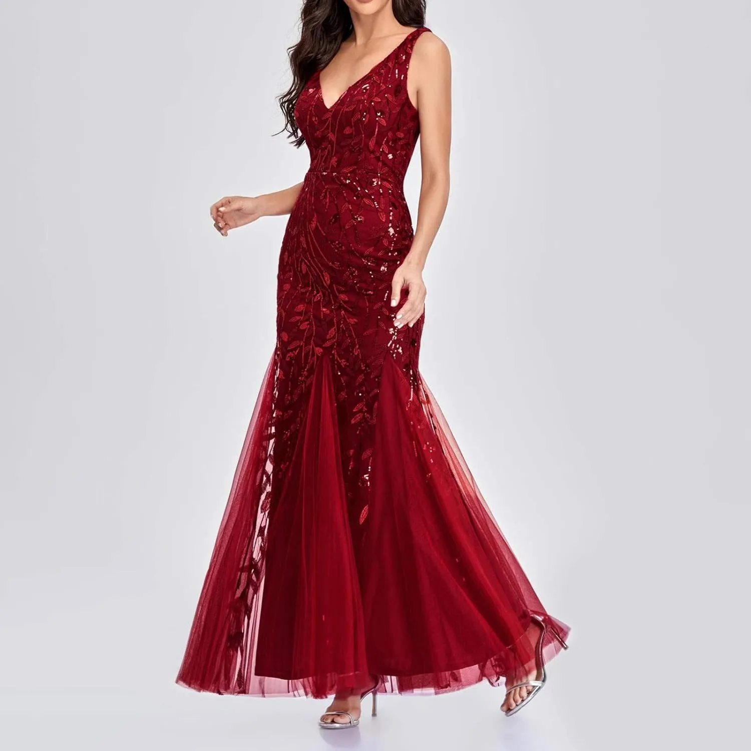 Uillui Women's Glitter Sequin Chiffon Dress Elegant V-Neck Bodycon Mermaid Maxi Evening Long Dresses Prom Party Formal Gowns