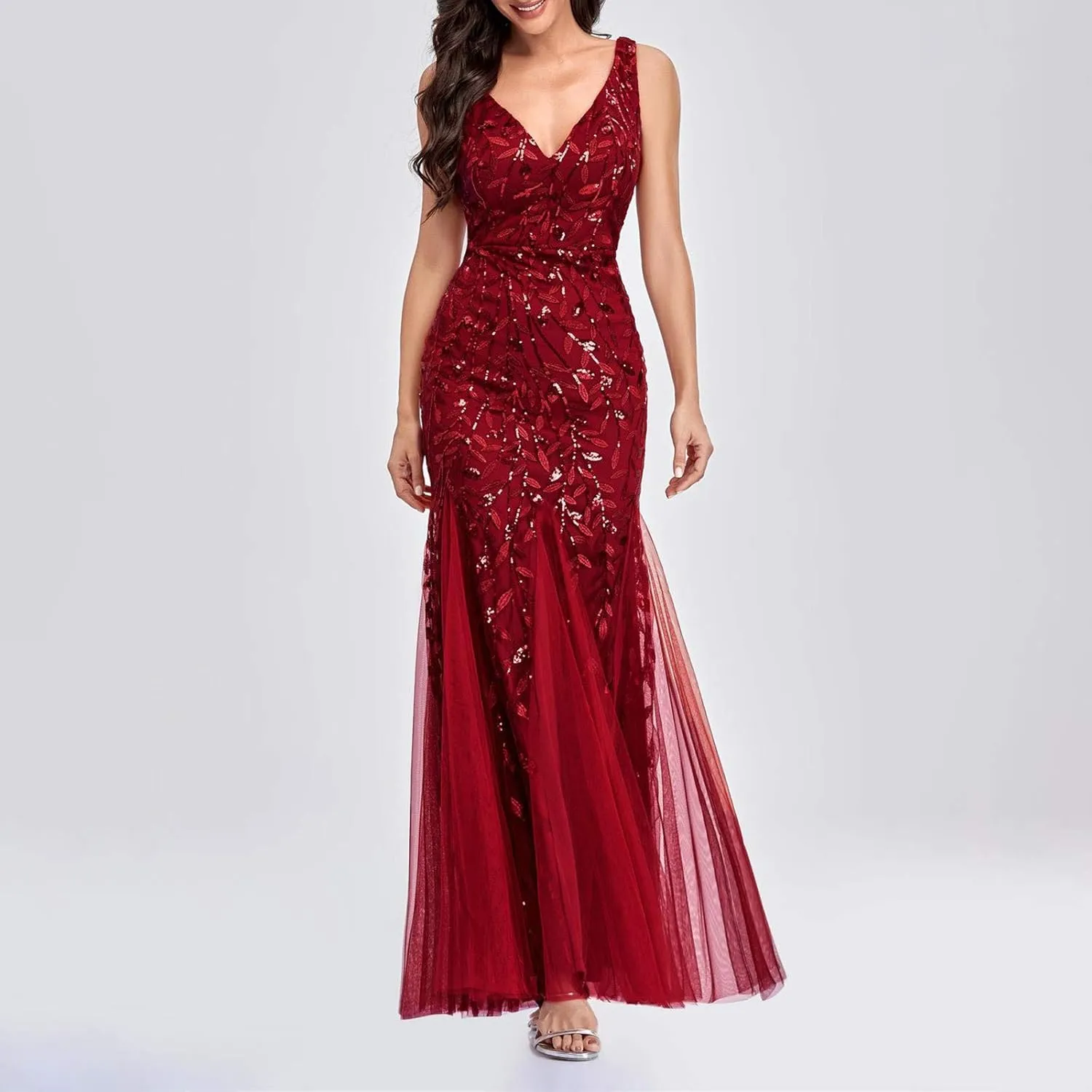 Uillui Women's Glitter Sequin Chiffon Dress Elegant V-Neck Bodycon Mermaid Maxi Evening Long Dresses Prom Party Formal Gowns