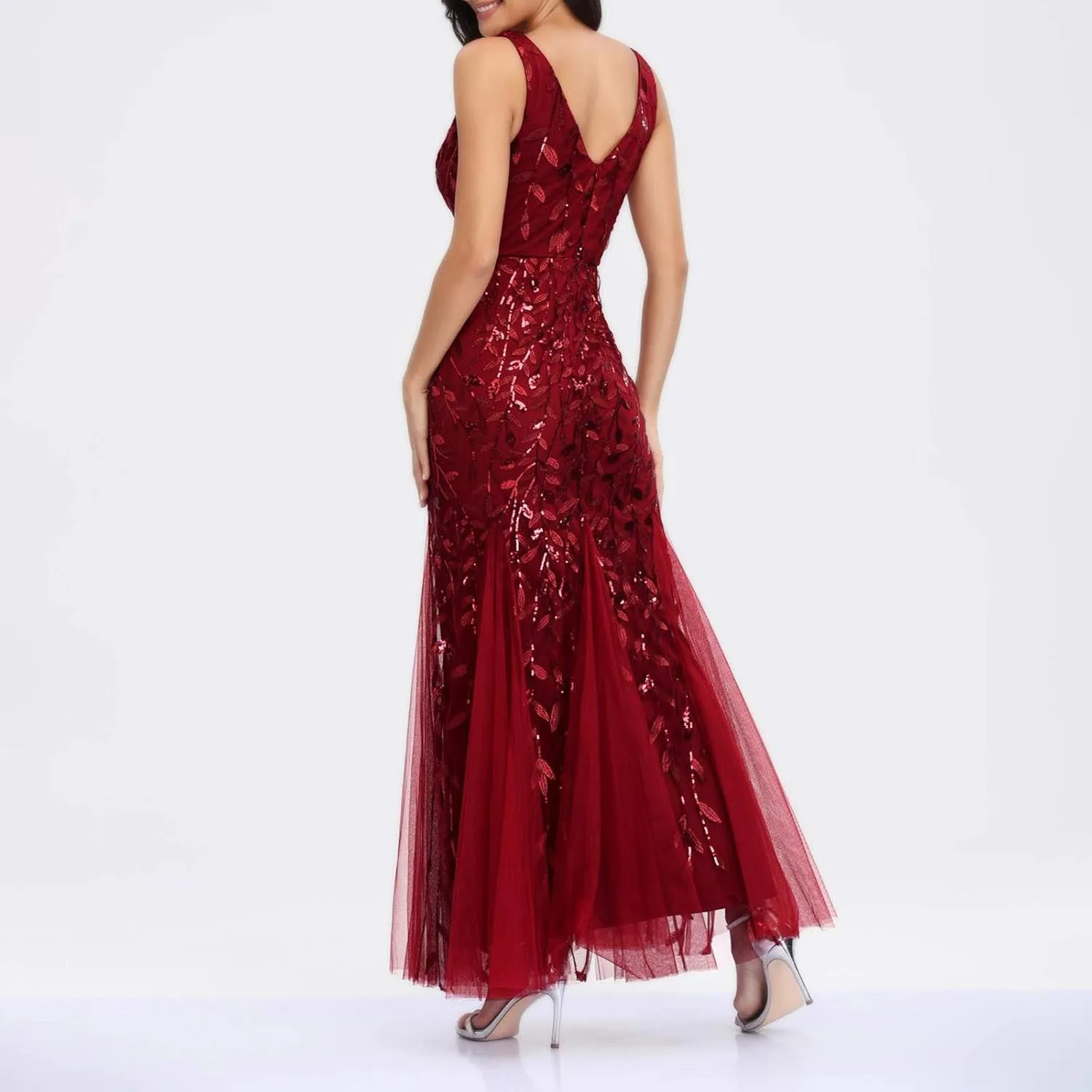Uillui Women's Glitter Sequin Chiffon Dress Elegant V-Neck Bodycon Mermaid Maxi Evening Long Dresses Prom Party Formal Gowns