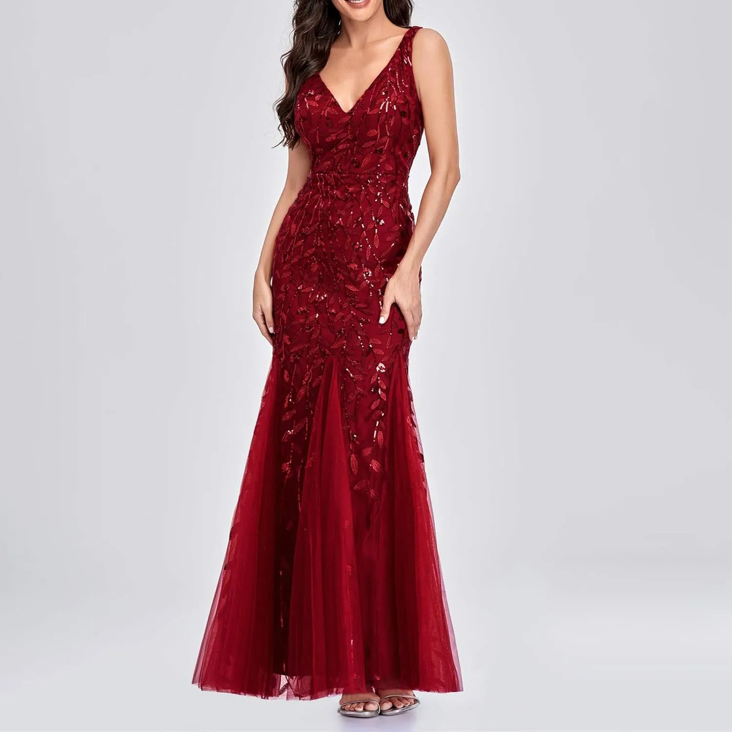 Uillui Women's Glitter Sequin Chiffon Dress Elegant V-Neck Bodycon Mermaid Maxi Evening Long Dresses Prom Party Formal Gowns