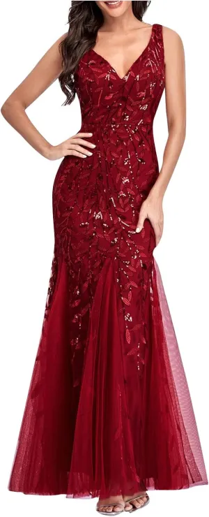 Uillui Women's Glitter Sequin Chiffon Dress Elegant V-Neck Bodycon Mermaid Maxi Evening Long Dresses Prom Party Formal Gowns
