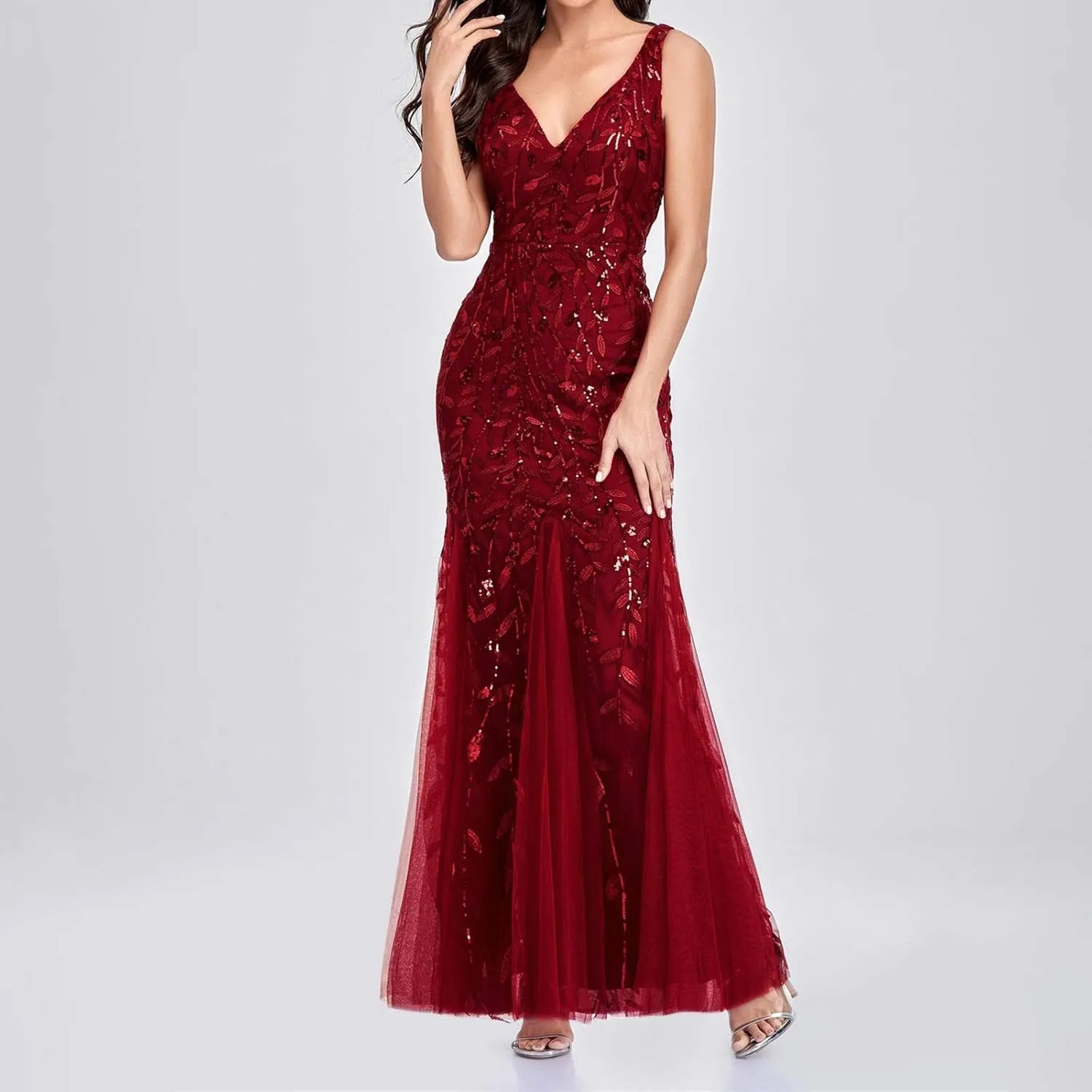 Uillui Women's Glitter Sequin Chiffon Dress Elegant V-Neck Bodycon Mermaid Maxi Evening Long Dresses Prom Party Formal Gowns