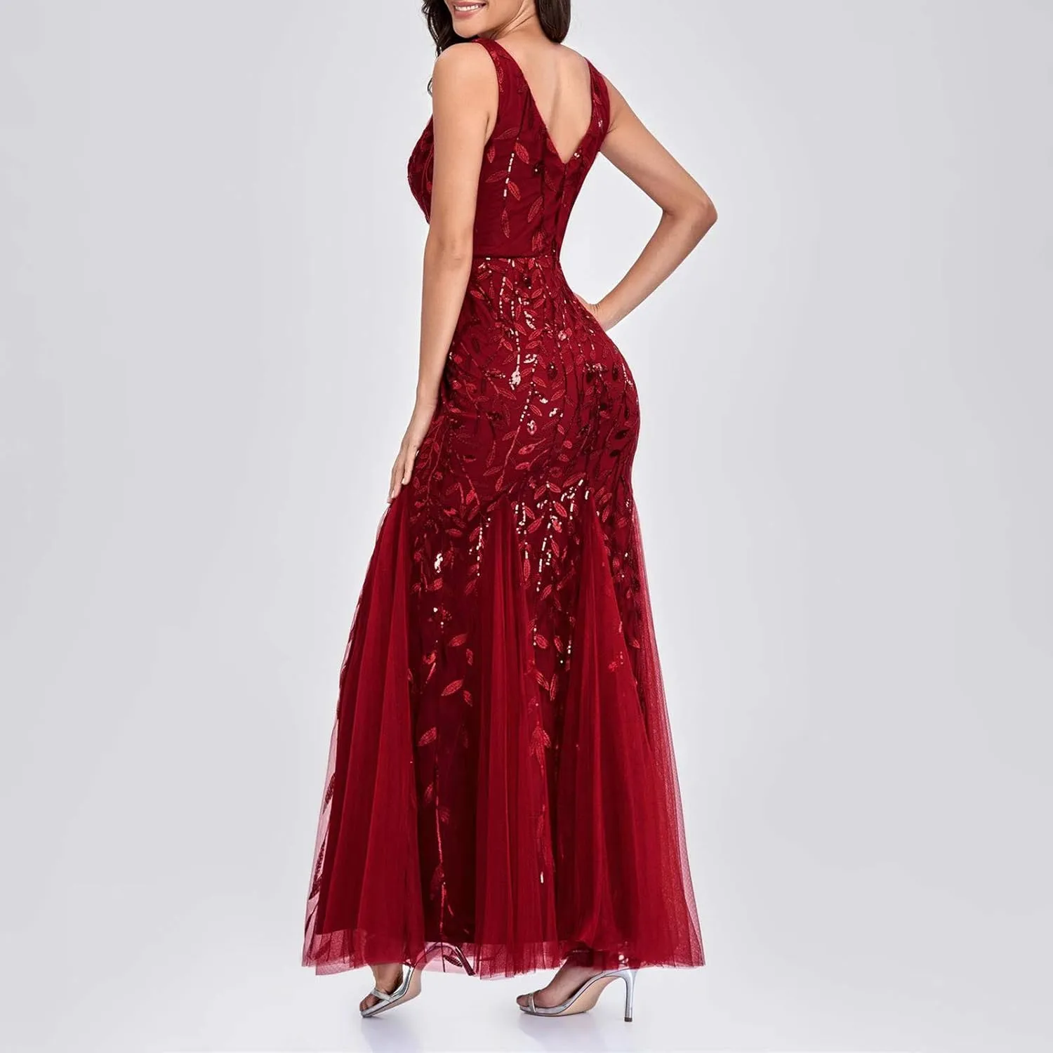 Uillui Women's Glitter Sequin Chiffon Dress Elegant V-Neck Bodycon Mermaid Maxi Evening Long Dresses Prom Party Formal Gowns