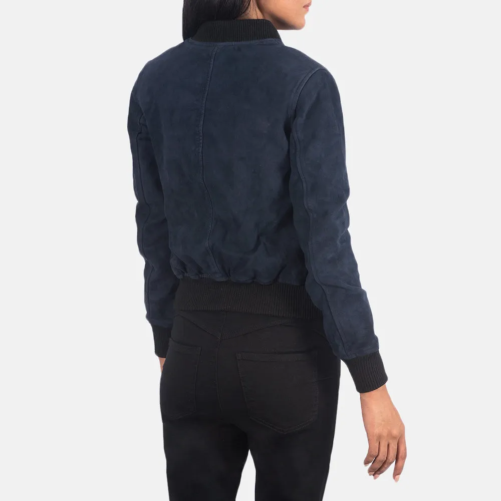 Unique Blue Suede Bomber Jacket For Women
