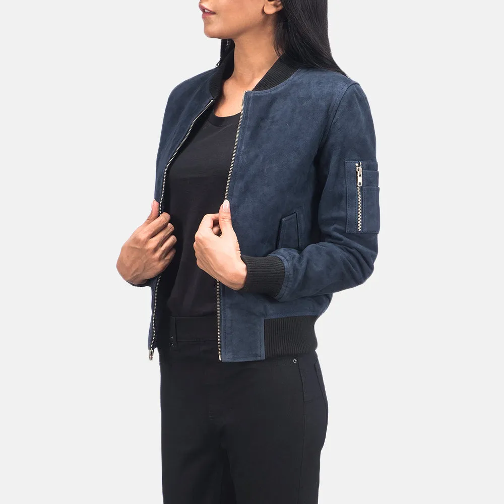 Unique Blue Suede Bomber Jacket For Women