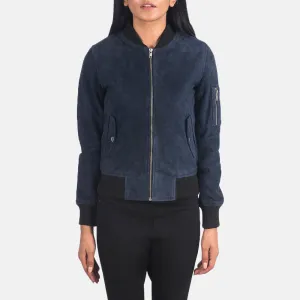 Unique Blue Suede Bomber Jacket For Women